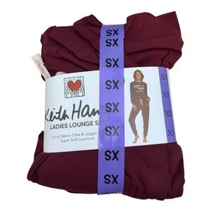Keith Haring Women's Long Sleeve & Joggers Soft Fleece Lounge Set- Deep Red - XS
